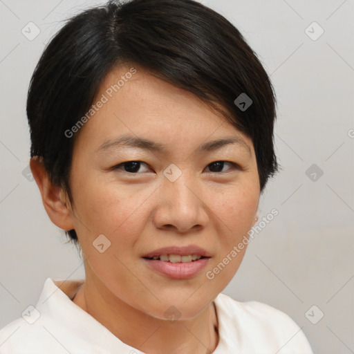 Joyful white young-adult female with short  brown hair and brown eyes