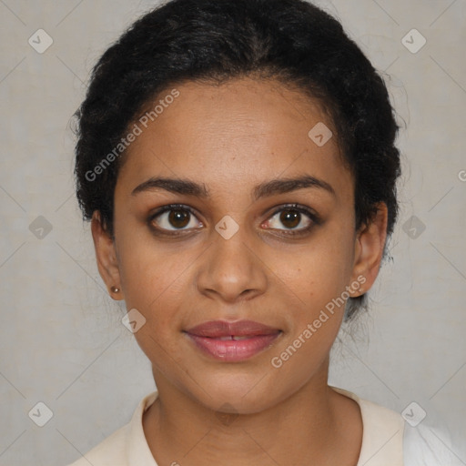 Joyful black young-adult female with short  black hair and brown eyes