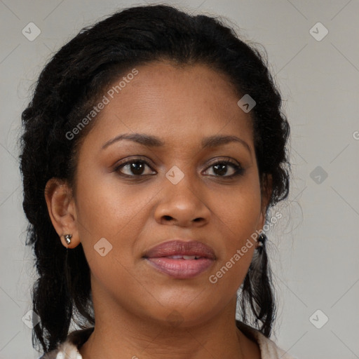 Joyful black young-adult female with medium  brown hair and brown eyes