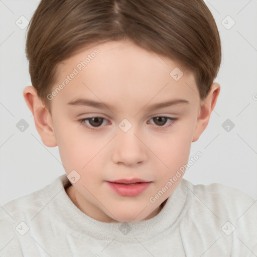 Joyful white child female with short  brown hair and brown eyes