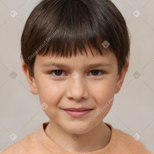 Joyful white child male with short  brown hair and brown eyes