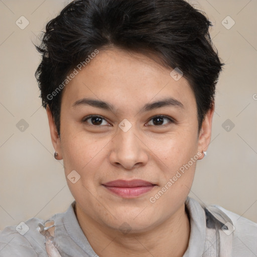 Joyful white adult female with short  brown hair and brown eyes