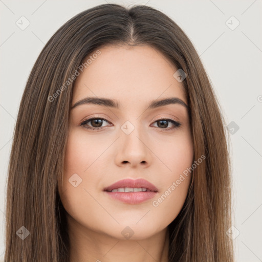 Neutral white young-adult female with long  brown hair and brown eyes