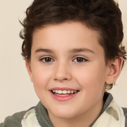 Joyful white child female with short  brown hair and brown eyes