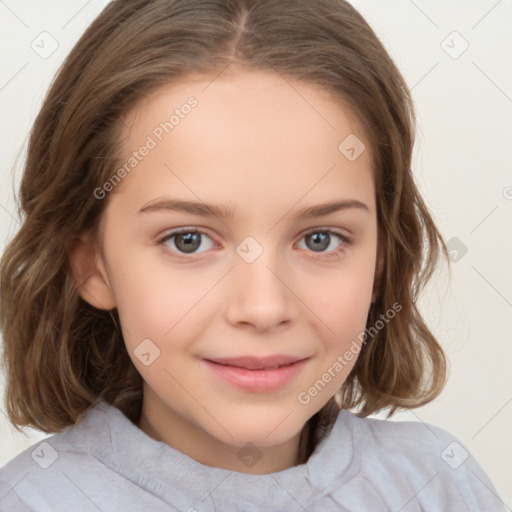 Joyful white child female with medium  brown hair and brown eyes