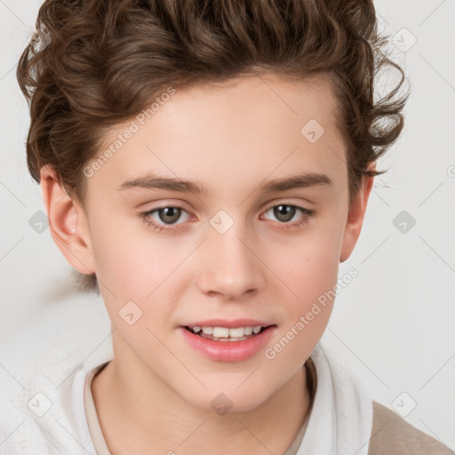 Joyful white child female with short  brown hair and brown eyes