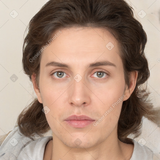 Neutral white young-adult female with medium  brown hair and brown eyes