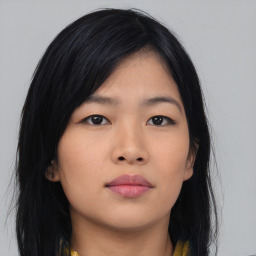 Neutral asian young-adult female with long  black hair and brown eyes