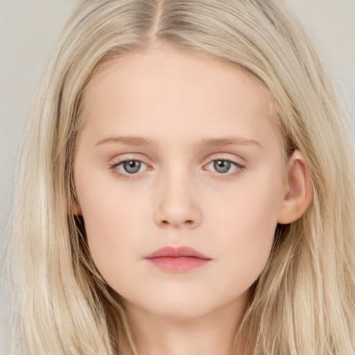 Neutral white child female with long  brown hair and grey eyes