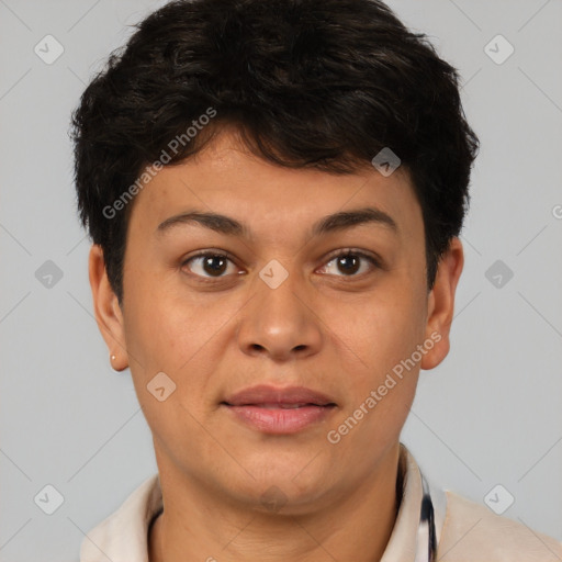 Joyful latino young-adult female with short  brown hair and brown eyes