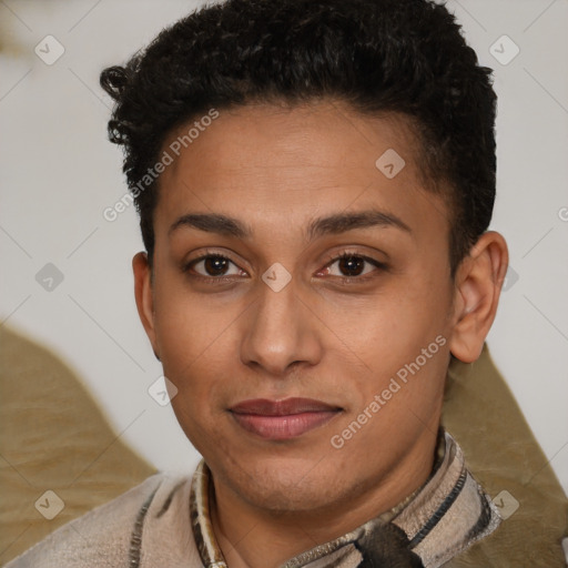 Joyful latino young-adult female with short  brown hair and brown eyes