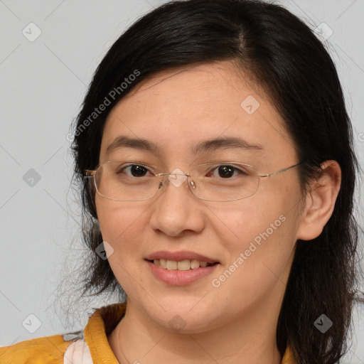 Joyful white adult female with medium  brown hair and brown eyes