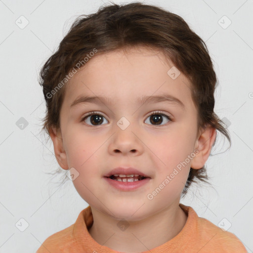 Joyful white child female with medium  brown hair and brown eyes