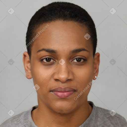 Joyful black young-adult female with short  black hair and brown eyes