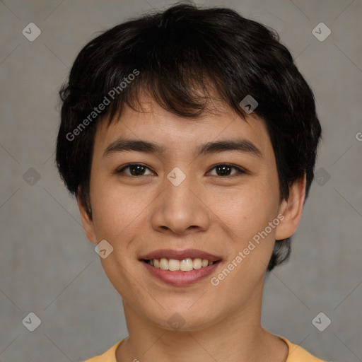 Joyful asian young-adult female with short  brown hair and brown eyes