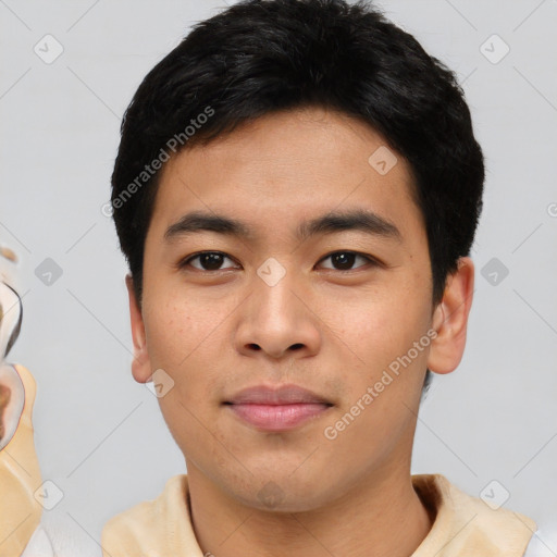 Neutral asian young-adult male with short  black hair and brown eyes