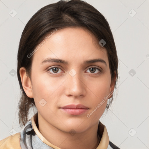 Neutral white young-adult female with medium  brown hair and brown eyes