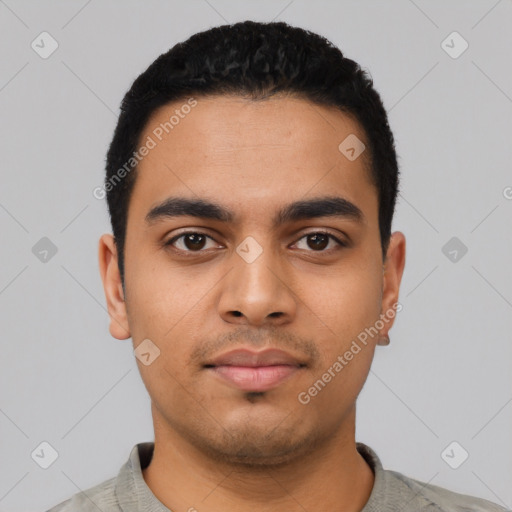 Neutral latino young-adult male with short  black hair and brown eyes