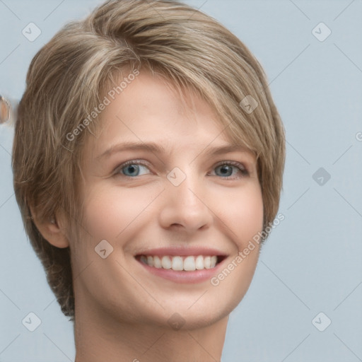 Joyful white young-adult female with short  brown hair and grey eyes