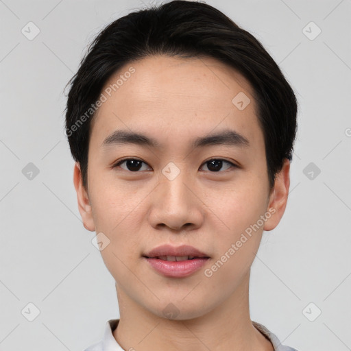 Neutral asian young-adult male with short  black hair and brown eyes