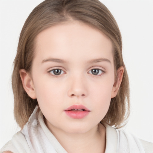 Neutral white child female with medium  brown hair and grey eyes