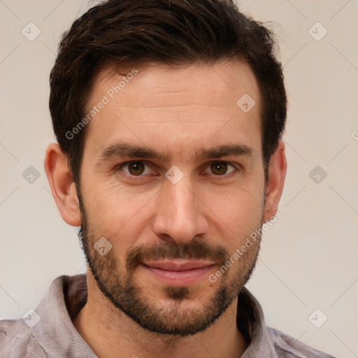 Joyful white young-adult male with short  brown hair and brown eyes