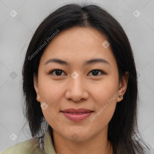 Joyful asian young-adult female with medium  brown hair and brown eyes