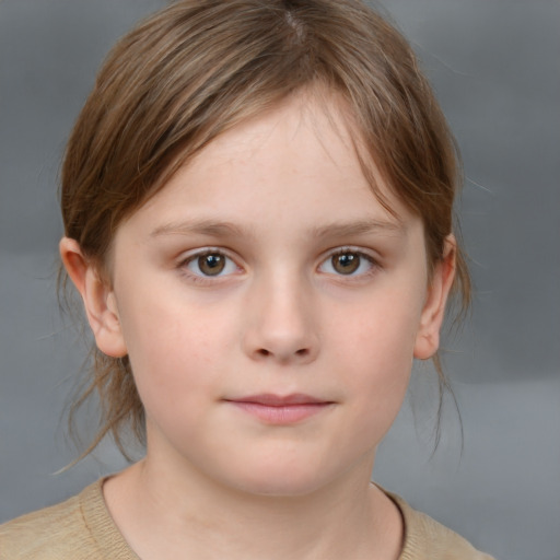 Neutral white child female with medium  brown hair and grey eyes