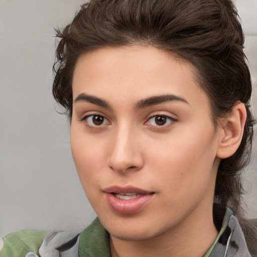 Neutral white young-adult female with medium  brown hair and brown eyes