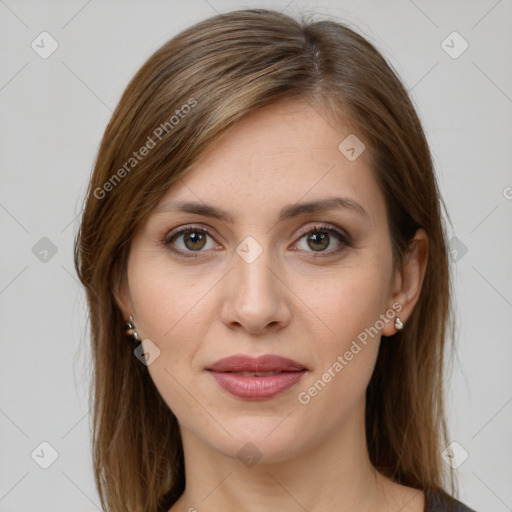 Joyful white young-adult female with medium  brown hair and grey eyes