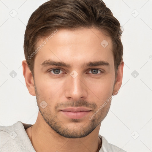 Neutral white young-adult male with short  brown hair and brown eyes