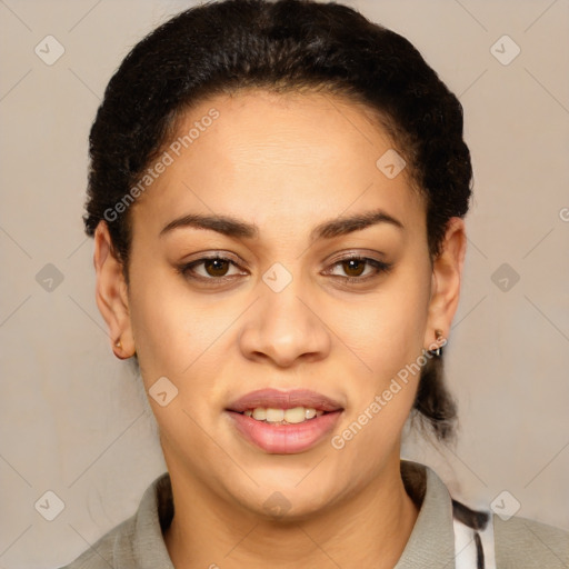 Joyful latino young-adult female with short  brown hair and brown eyes