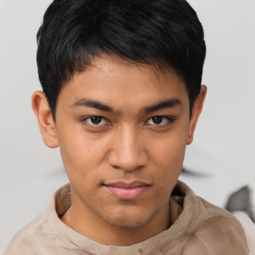 Neutral asian young-adult male with short  brown hair and brown eyes