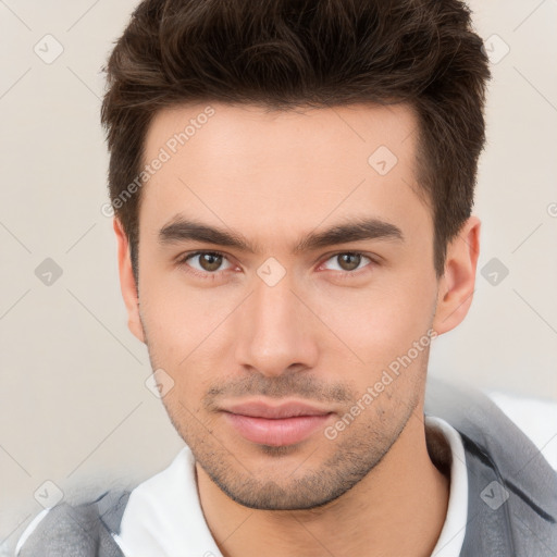 Neutral white young-adult male with short  brown hair and brown eyes