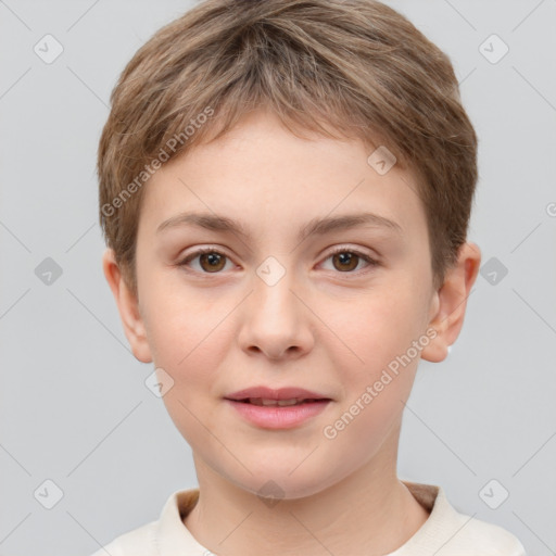 Joyful white child female with short  brown hair and brown eyes