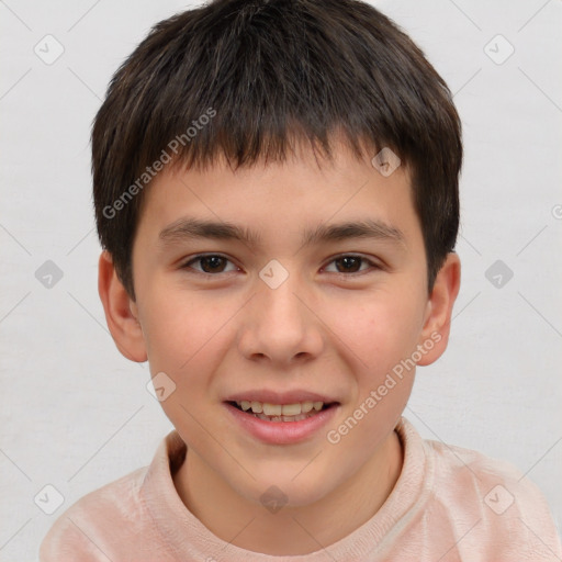 Joyful white child male with short  brown hair and brown eyes