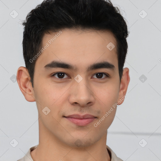 Joyful latino young-adult male with short  brown hair and brown eyes