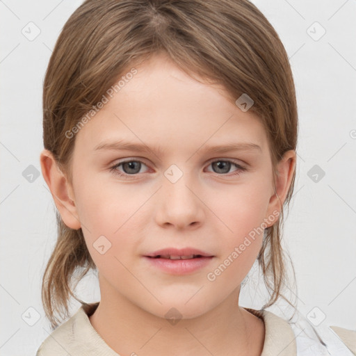 Neutral white child female with medium  brown hair and grey eyes