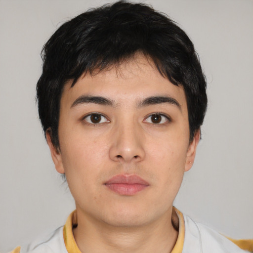 Neutral asian young-adult male with short  black hair and brown eyes