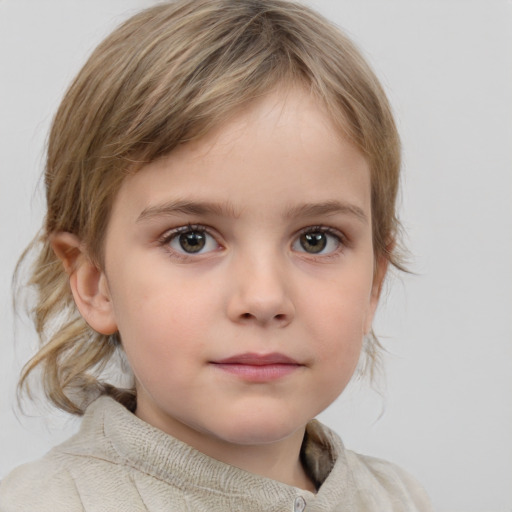 Neutral white child female with medium  brown hair and grey eyes