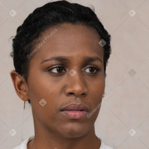 Neutral black young-adult female with short  black hair and brown eyes