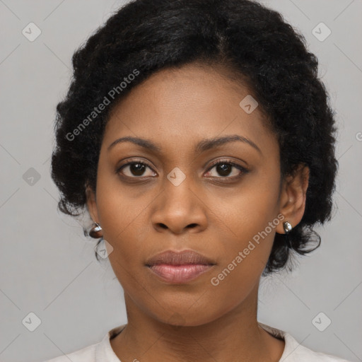 Neutral black young-adult female with short  black hair and brown eyes