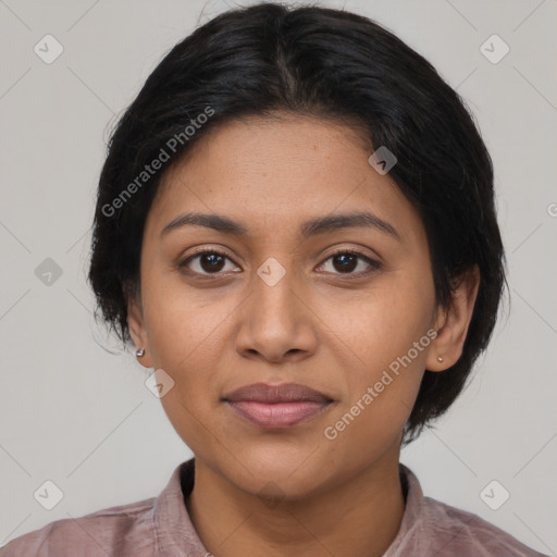 Joyful latino young-adult female with medium  black hair and brown eyes