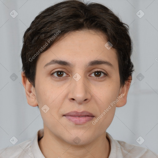 Joyful white young-adult female with short  brown hair and brown eyes