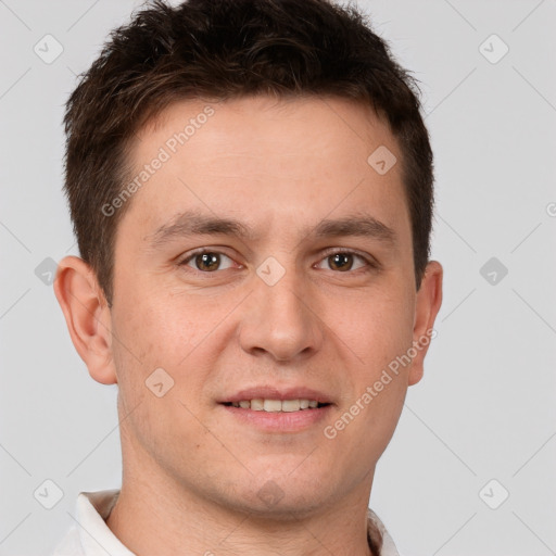 Joyful white young-adult male with short  brown hair and brown eyes