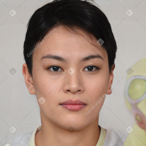 Neutral asian young-adult female with short  brown hair and brown eyes