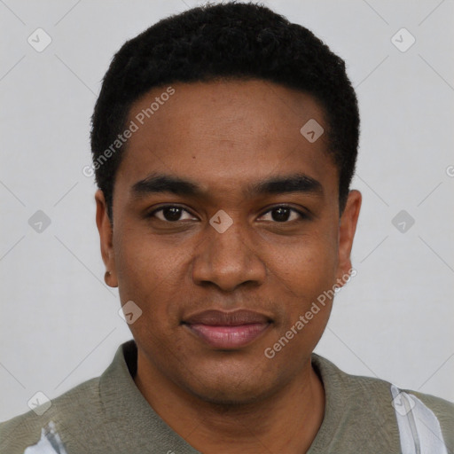 Joyful black young-adult male with short  black hair and brown eyes