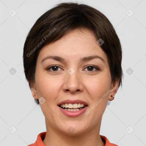 Joyful white young-adult female with short  brown hair and brown eyes