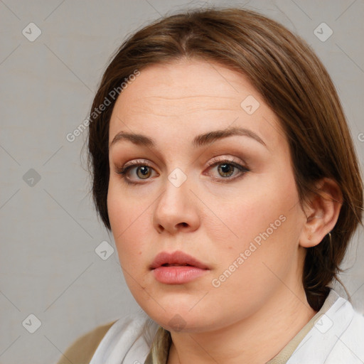 Neutral white young-adult female with medium  brown hair and brown eyes