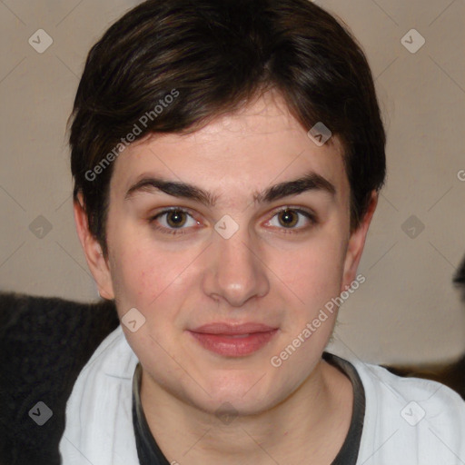 Joyful white young-adult male with medium  brown hair and brown eyes